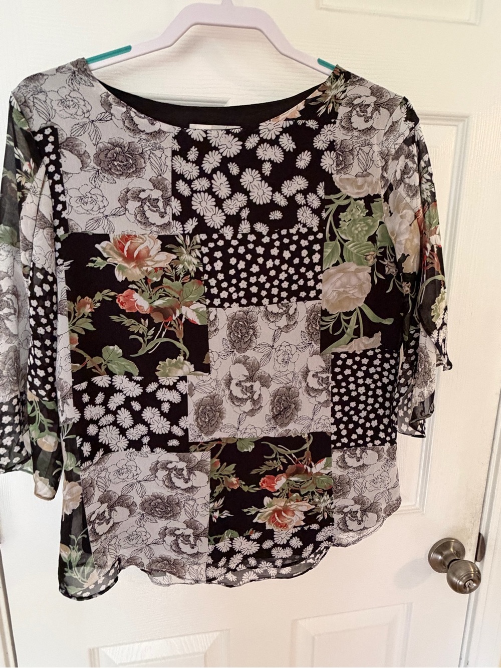 Grace Karin Black Floral Patchwork Sheer Blouse with Green and Cream Accents